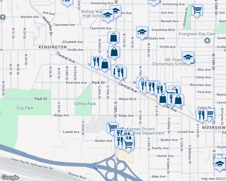 map of restaurants, bars, coffee shops, grocery stores, and more near 22 South 18th Street in Kansas City