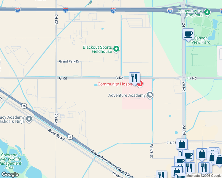map of restaurants, bars, coffee shops, grocery stores, and more near 2360 G Road in Grand Junction