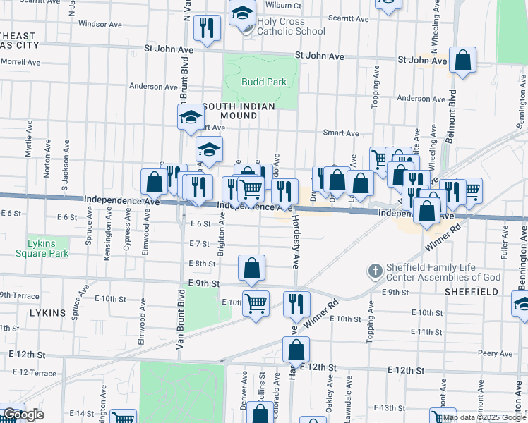 map of restaurants, bars, coffee shops, grocery stores, and more near 5201 Independence Avenue in Kansas City