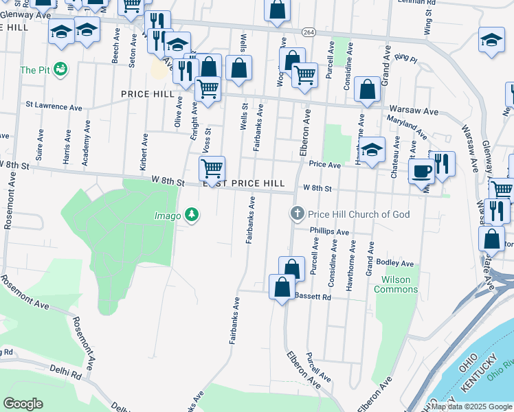 map of restaurants, bars, coffee shops, grocery stores, and more near 736 Fairbanks Avenue in Cincinnati