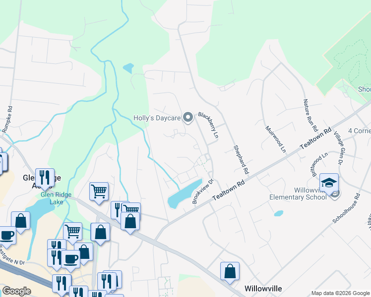 map of restaurants, bars, coffee shops, grocery stores, and more near 4530 New Market Court in Batavia