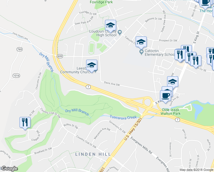 map of restaurants, bars, coffee shops, grocery stores, and more near 601 Davis Avenue Southwest in Leesburg