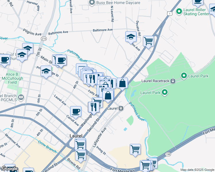 map of restaurants, bars, coffee shops, grocery stores, and more near A Street in Laurel
