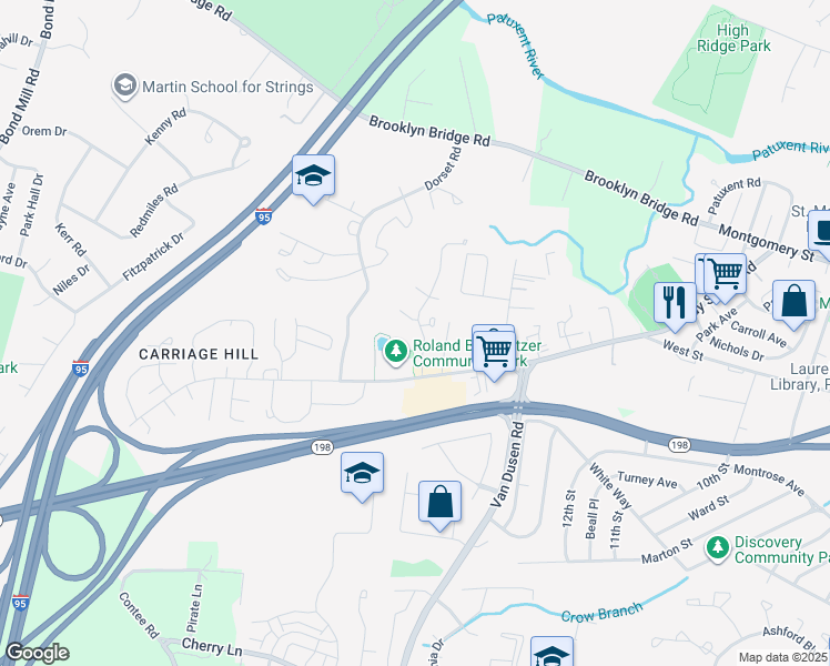 map of restaurants, bars, coffee shops, grocery stores, and more near 15646 Millbrook Lane in Laurel