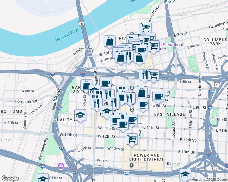 map of restaurants, bars, coffee shops, grocery stores, and more near 700 Wyandotte Street in Kansas City