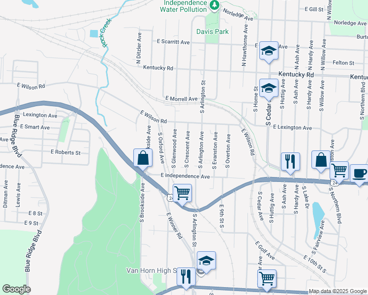 map of restaurants, bars, coffee shops, grocery stores, and more near 546 South Crescent Avenue in Independence
