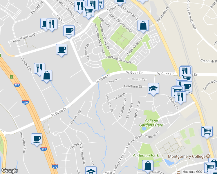 map of restaurants, bars, coffee shops, grocery stores, and more near 1704 Pitt Place in Rockville