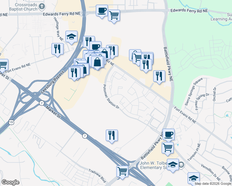 map of restaurants, bars, coffee shops, grocery stores, and more near 401 Pearlbush Square Northeast in Leesburg