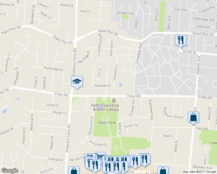 map of restaurants, bars, coffee shops, grocery stores, and more near 5119 Serenade Drive in Cincinnati