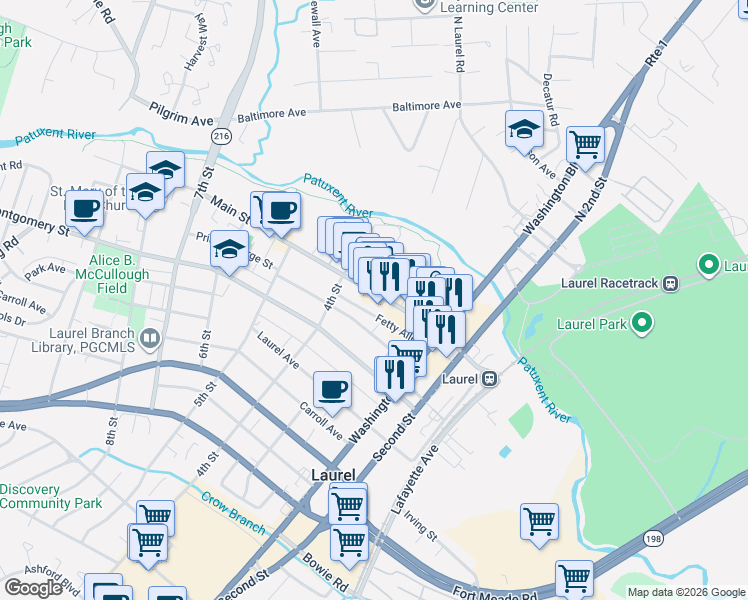 map of restaurants, bars, coffee shops, grocery stores, and more near 358 Main Street in Laurel