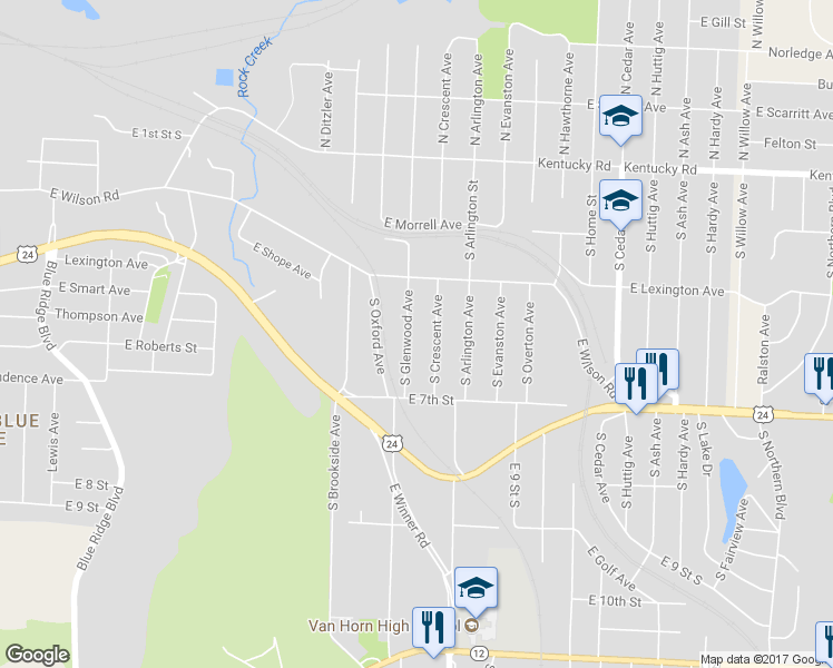 map of restaurants, bars, coffee shops, grocery stores, and more near 547 South Glenwood Avenue in Independence