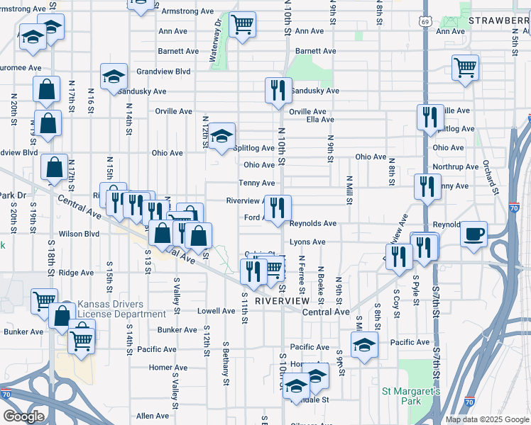 map of restaurants, bars, coffee shops, grocery stores, and more near 1020 Ford Avenue in Kansas City