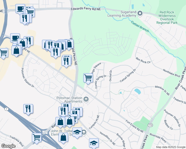 map of restaurants, bars, coffee shops, grocery stores, and more near 18470 Sierra Springs Square in Leesburg
