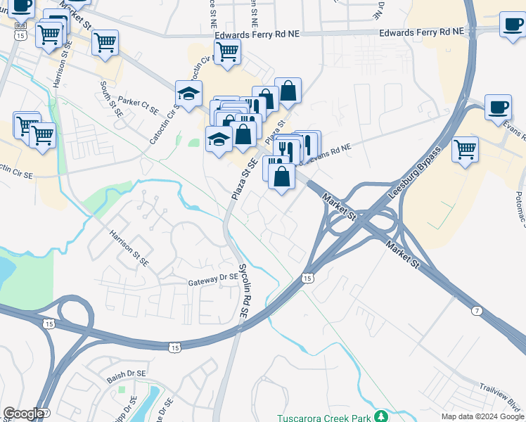map of restaurants, bars, coffee shops, grocery stores, and more near 110 Fort Evans Road Southeast in Leesburg