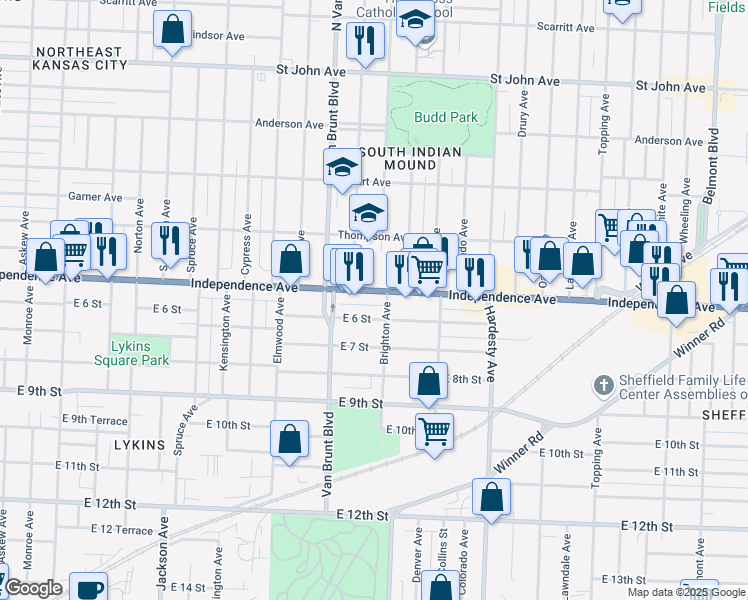 map of restaurants, bars, coffee shops, grocery stores, and more near 4835 Independence Avenue in Kansas City