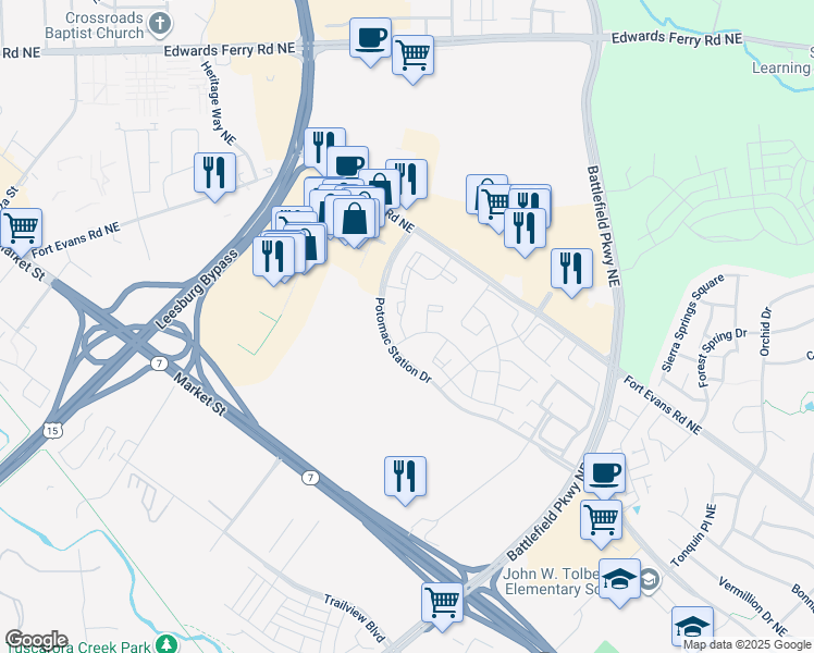 map of restaurants, bars, coffee shops, grocery stores, and more near 410 Andromeda Terrace Northeast in Leesburg