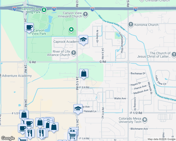 map of restaurants, bars, coffee shops, grocery stores, and more near 2463 G Road in Grand Junction