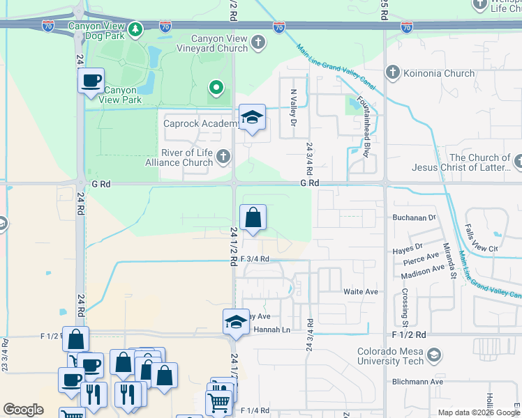 map of restaurants, bars, coffee shops, grocery stores, and more near 2463 G Road in Grand Junction