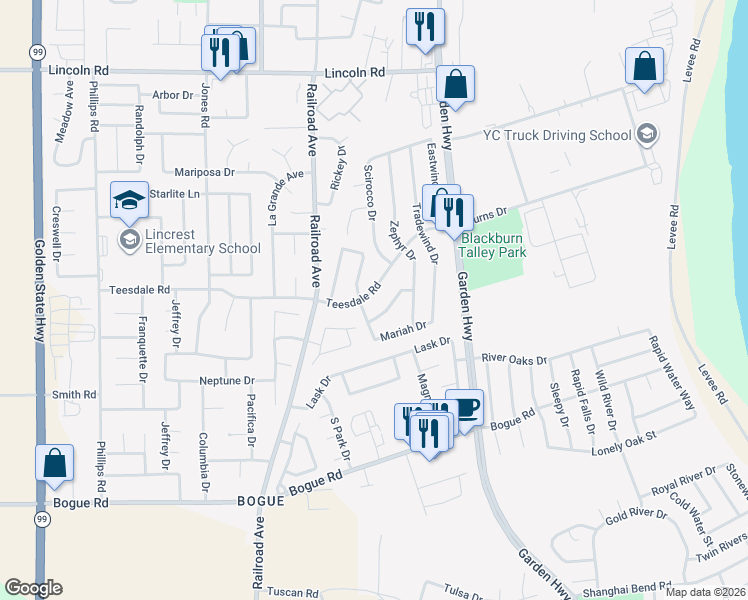 map of restaurants, bars, coffee shops, grocery stores, and more near in Yuba City