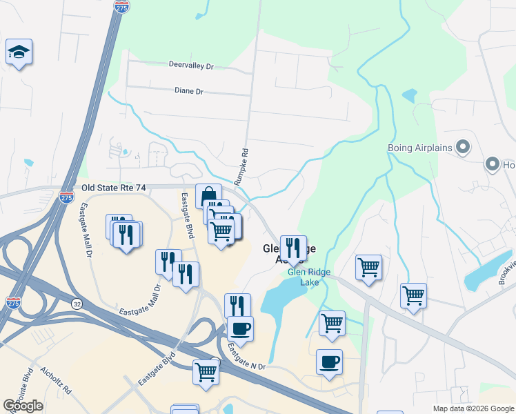 map of restaurants, bars, coffee shops, grocery stores, and more near 861 Old State Route 74 in Cincinnati