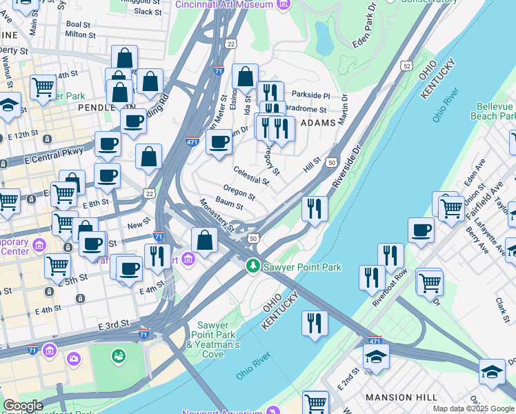 map of restaurants, bars, coffee shops, grocery stores, and more near 316 Oregon Street in Cincinnati