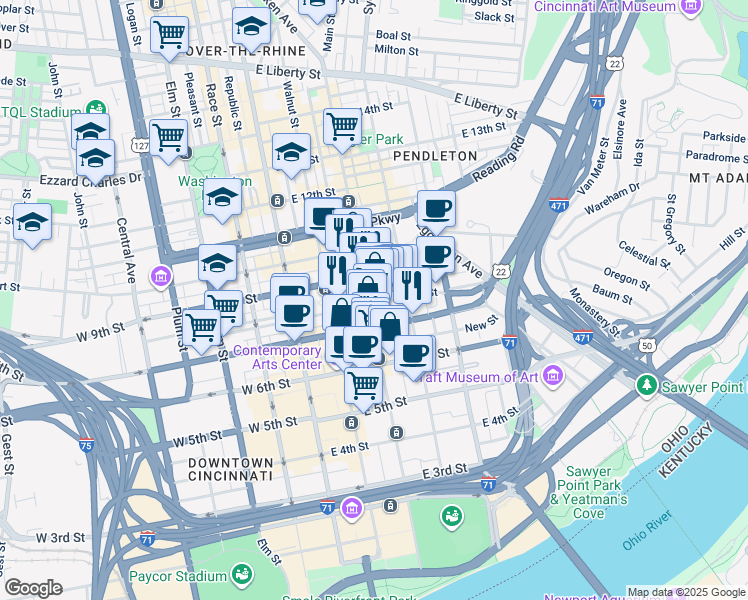 map of restaurants, bars, coffee shops, grocery stores, and more near 234 East 8th Street in Cincinnati