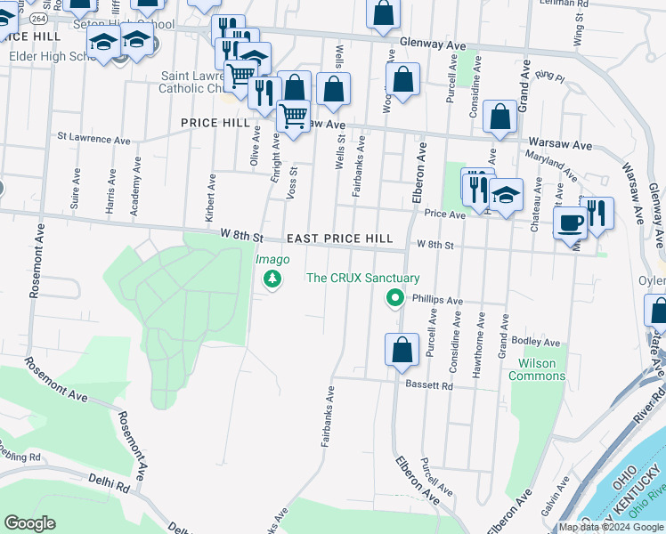 map of restaurants, bars, coffee shops, grocery stores, and more near 767 Wells Street in Cincinnati
