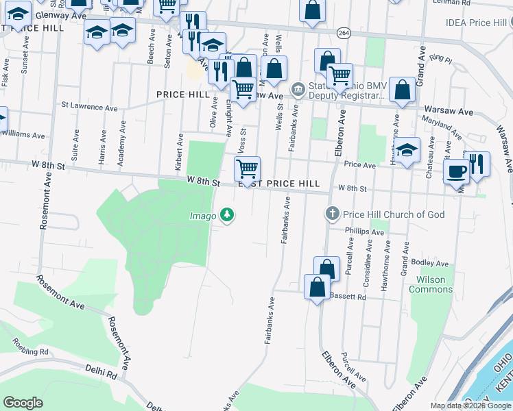 map of restaurants, bars, coffee shops, grocery stores, and more near 739 McPherson Avenue in Cincinnati