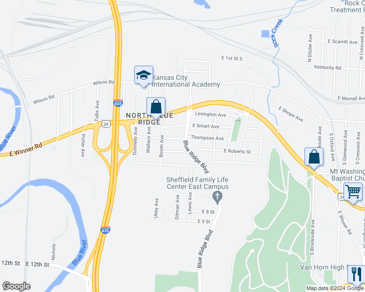 map of restaurants, bars, coffee shops, grocery stores, and more near 8626 Roberts Street in Kansas City