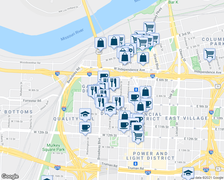 map of restaurants, bars, coffee shops, grocery stores, and more near 716 May Street in Kansas City