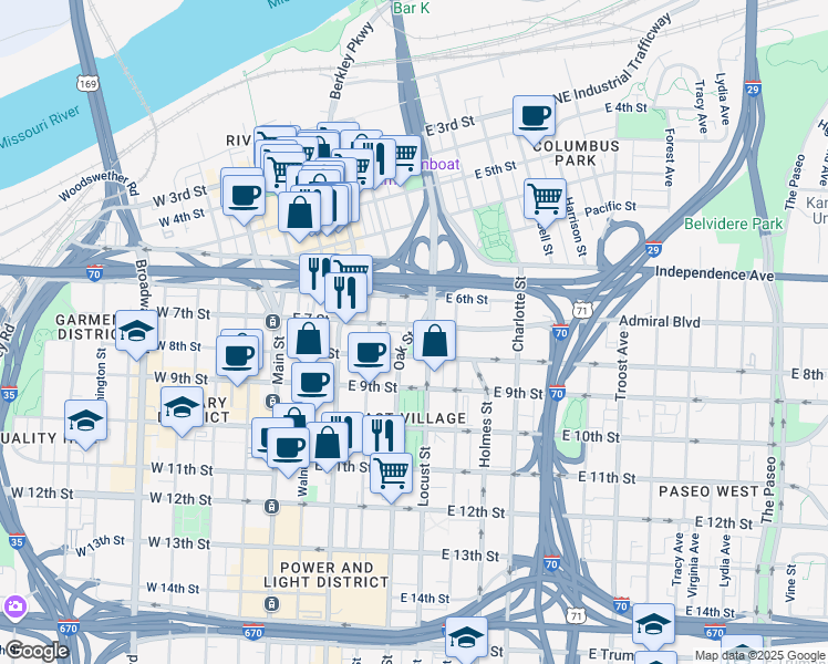 map of restaurants, bars, coffee shops, grocery stores, and more near 702 Oak Street in Kansas City