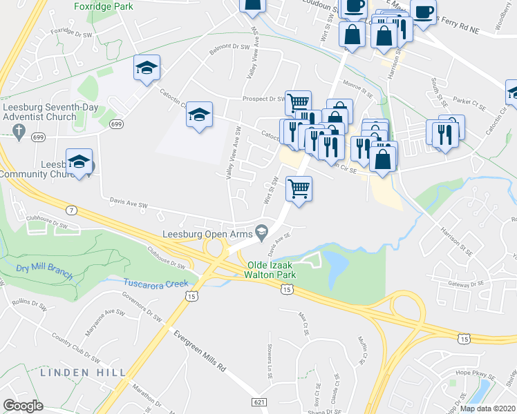 map of restaurants, bars, coffee shops, grocery stores, and more near 717 Wirt Street Southwest in Leesburg