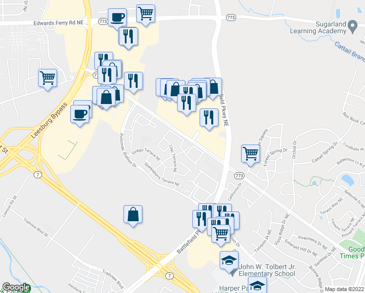 map of restaurants, bars, coffee shops, grocery stores, and more near 402 Silverbell Terrace Northeast in Leesburg