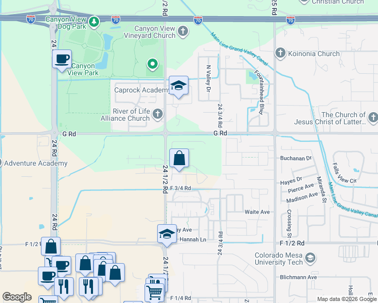 map of restaurants, bars, coffee shops, grocery stores, and more near 2463 G Road in Grand Junction