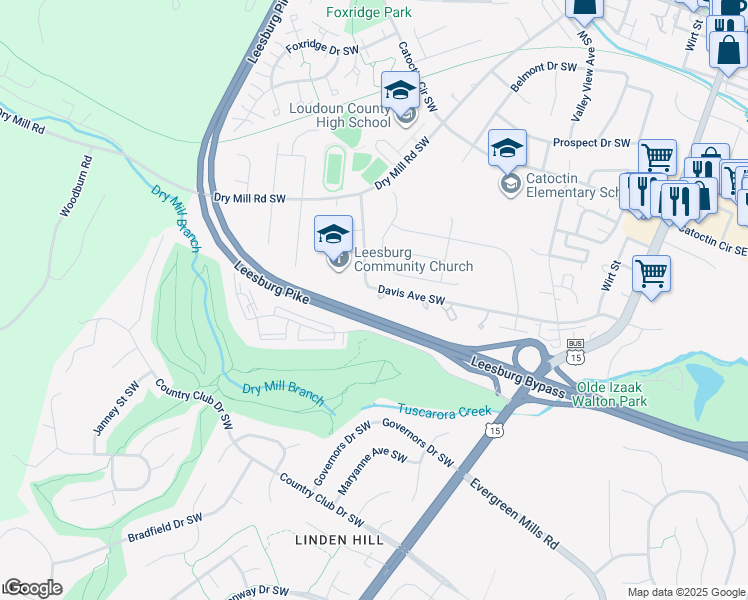 map of restaurants, bars, coffee shops, grocery stores, and more near 611 Davis Avenue Southwest in Leesburg