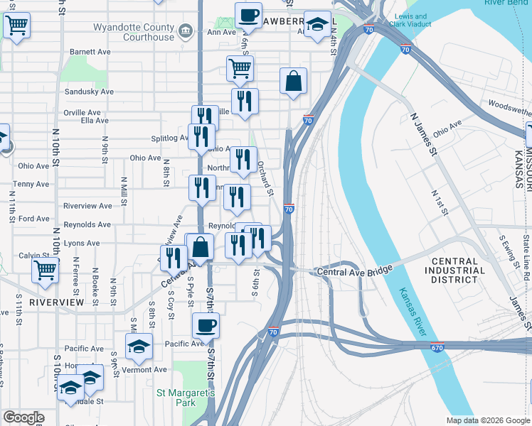 map of restaurants, bars, coffee shops, grocery stores, and more near 56 North Hallock Street in Kansas City
