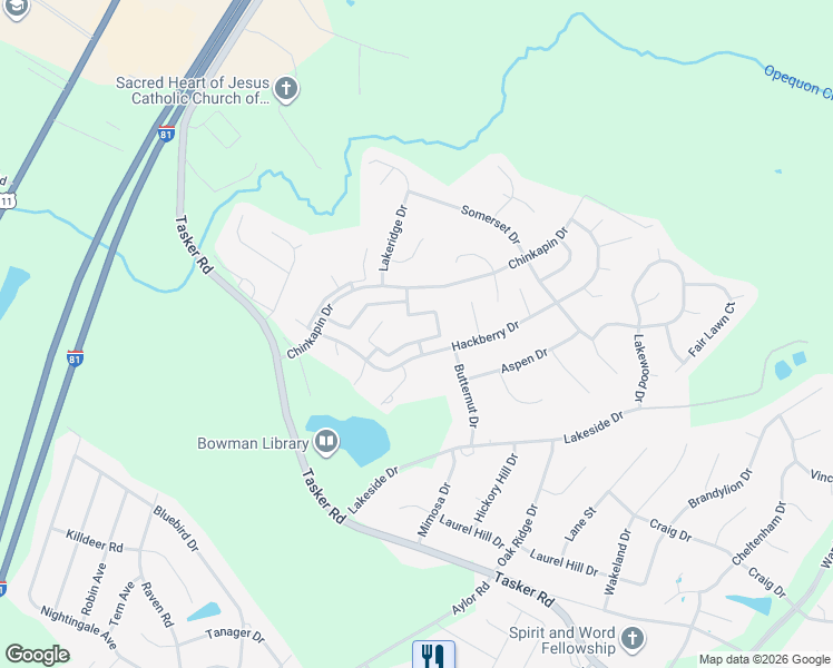 map of restaurants, bars, coffee shops, grocery stores, and more near 352 Surrey Club Lane in Stephens City