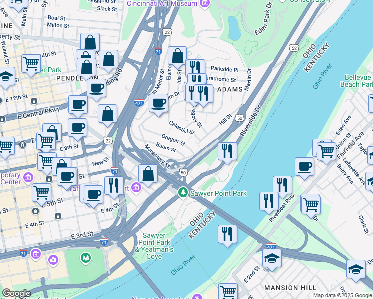 map of restaurants, bars, coffee shops, grocery stores, and more near 329 Oregon Street in Cincinnati