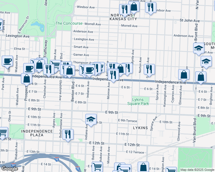 map of restaurants, bars, coffee shops, grocery stores, and more near 3536 East 6 Street in Kansas City