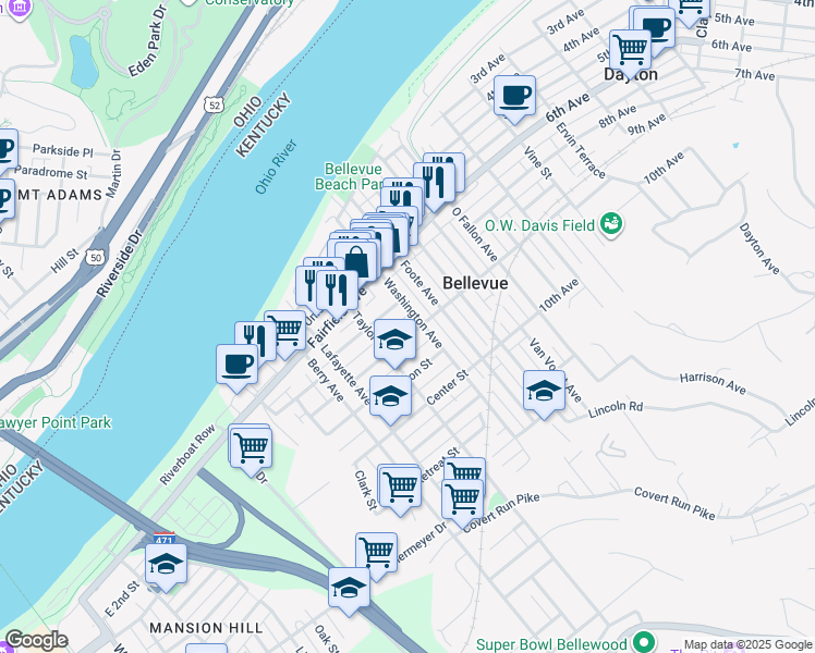 map of restaurants, bars, coffee shops, grocery stores, and more near 333 Poplar Street in Bellevue