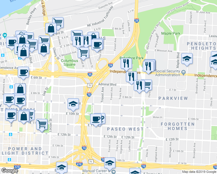 map of restaurants, bars, coffee shops, grocery stores, and more near 1119 Admiral Boulevard in Kansas City