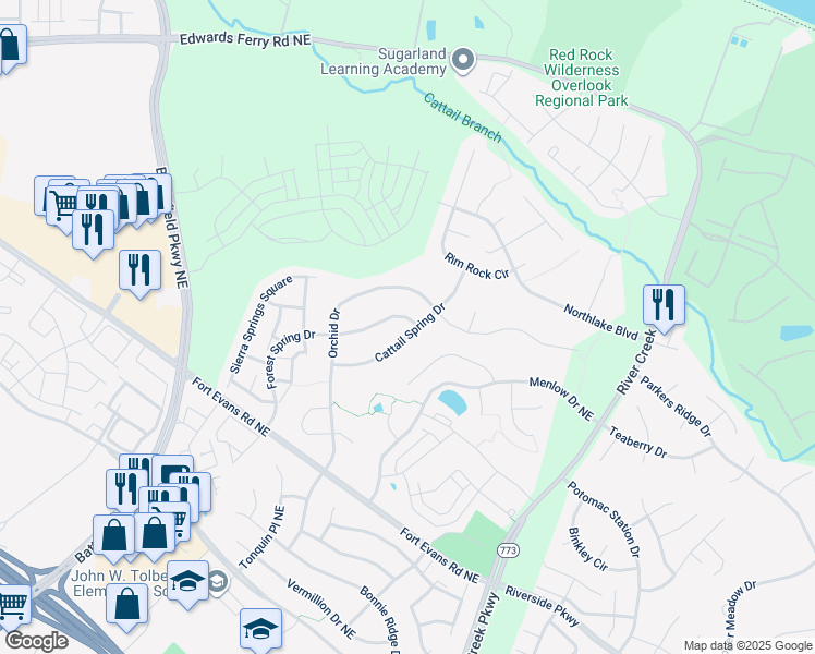 map of restaurants, bars, coffee shops, grocery stores, and more near 18467 Cattail Spring Drive in Leesburg