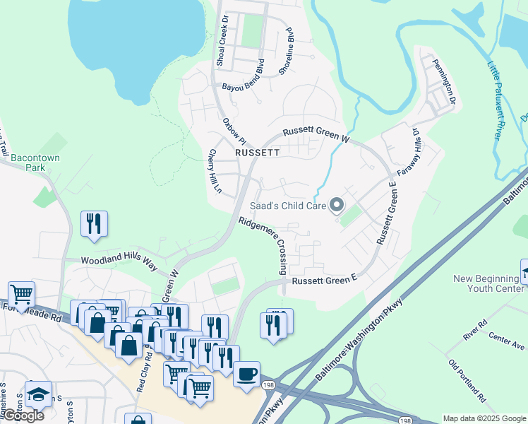 map of restaurants, bars, coffee shops, grocery stores, and more near 3436 Littleleaf Place in Laurel