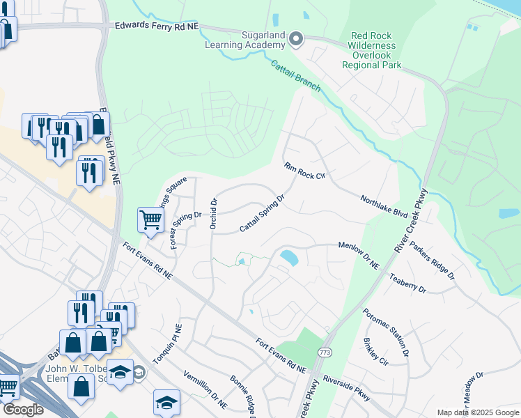 map of restaurants, bars, coffee shops, grocery stores, and more near 18467 Cattail Spring Drive in Leesburg