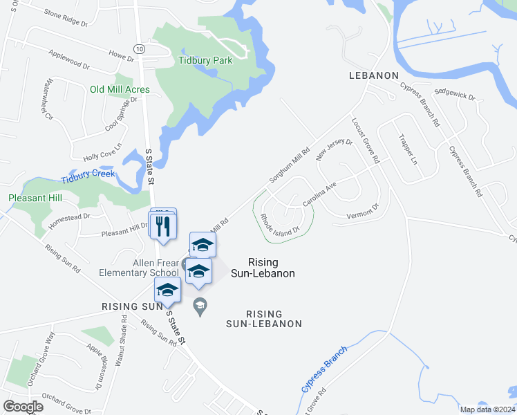 map of restaurants, bars, coffee shops, grocery stores, and more near 4010A Rhode Island Drive in Dover
