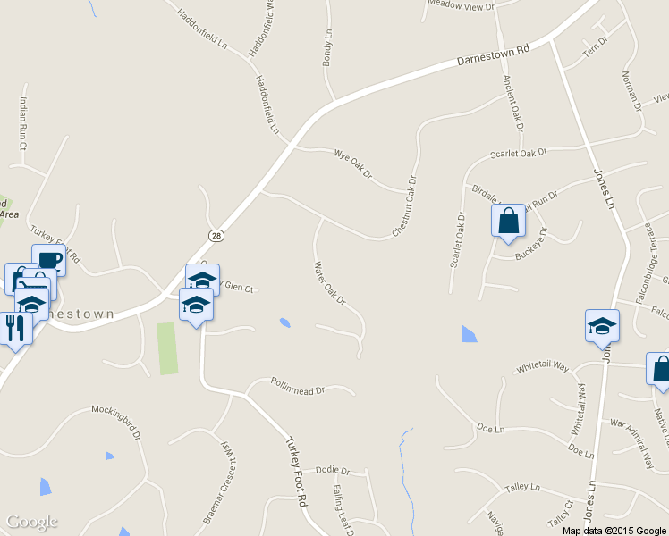 map of restaurants, bars, coffee shops, grocery stores, and more near 15201 Water Oak Drive in Gaithersburg