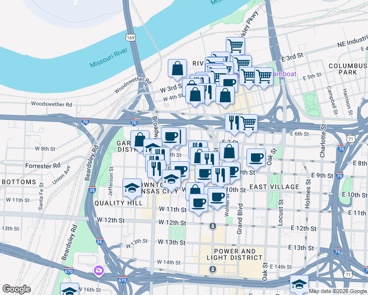 map of restaurants, bars, coffee shops, grocery stores, and more near 700 Wyandotte Street in Kansas City