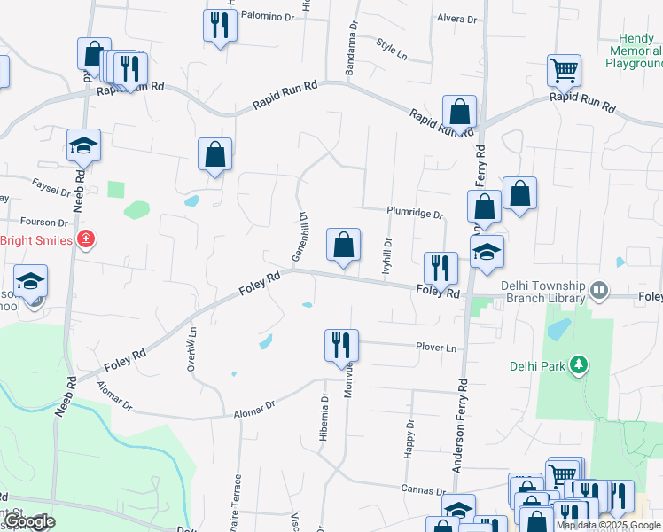 map of restaurants, bars, coffee shops, grocery stores, and more near 5428 Foley Road in Cincinnati