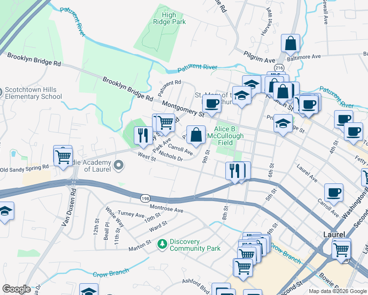 map of restaurants, bars, coffee shops, grocery stores, and more near 911 Carroll Avenue in Laurel