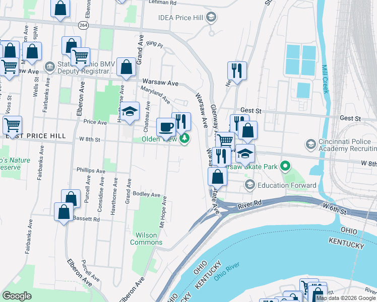 map of restaurants, bars, coffee shops, grocery stores, and more near 2601 West 8th Street in Cincinnati